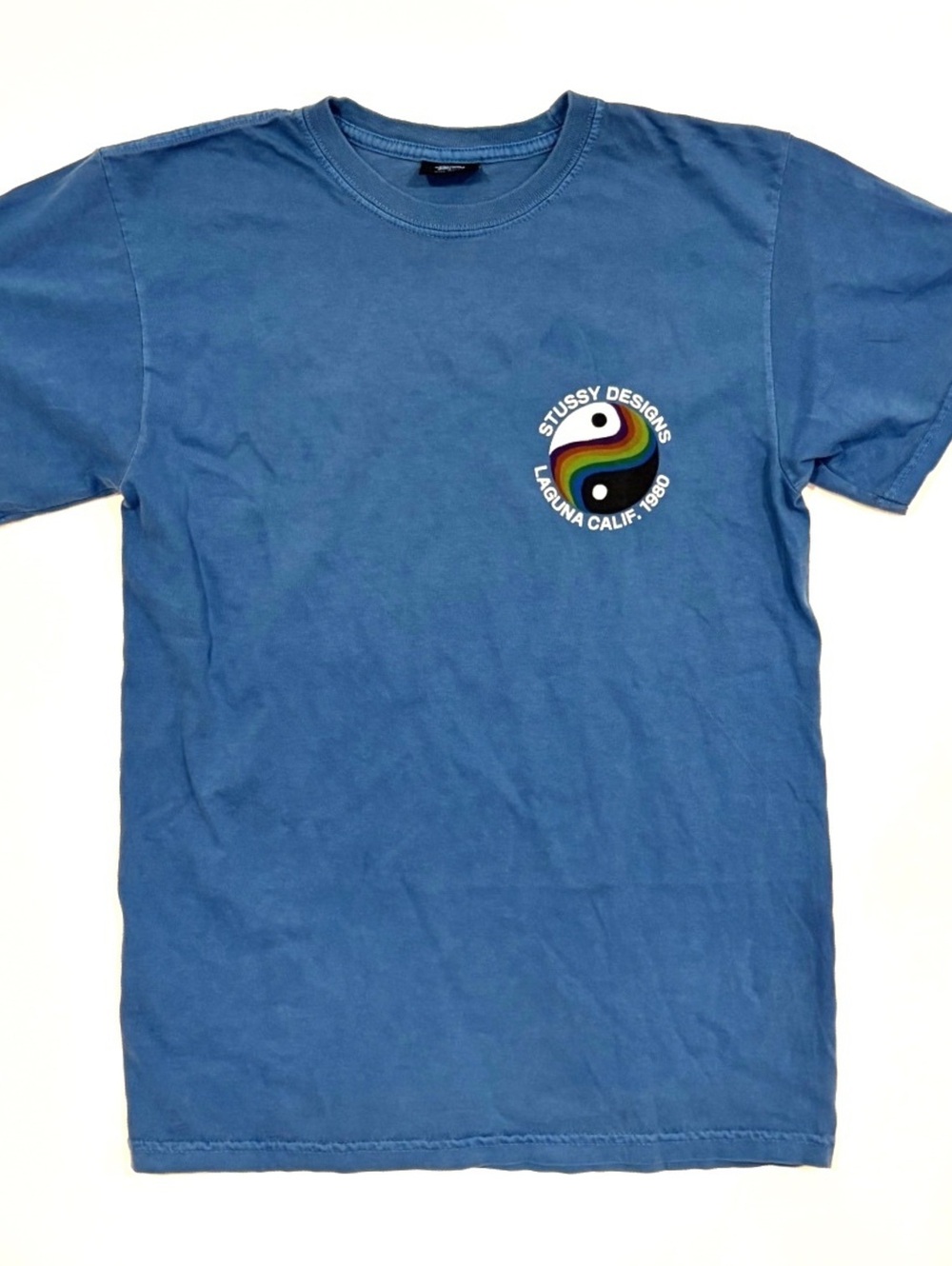 Stussy Laguna Cali 1980 Blue Graphic T-Shirt Size Small Made in Mexico